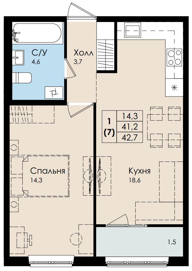 1-комнатная квартира, 42.70 м2